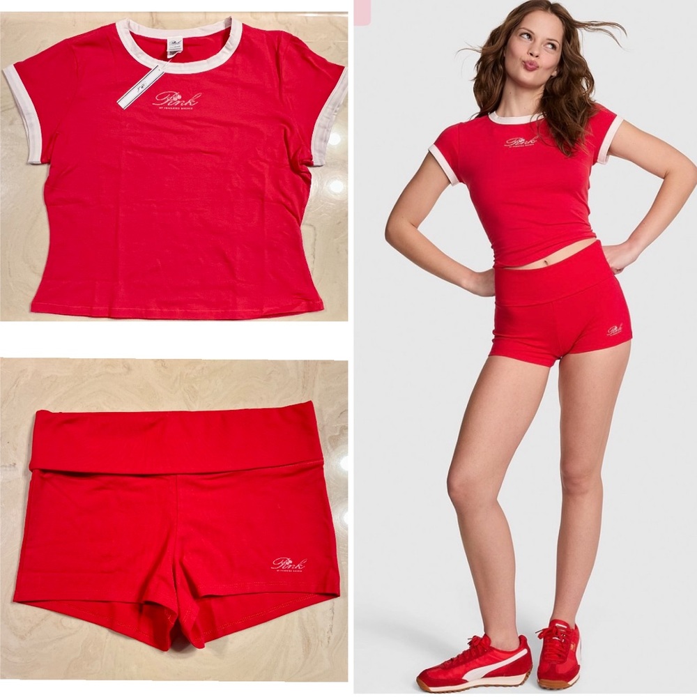 PINK x FRANKIES BIKINIS Brooklyn Cotton Short Sleeved Tee Foldover Shorts Red L